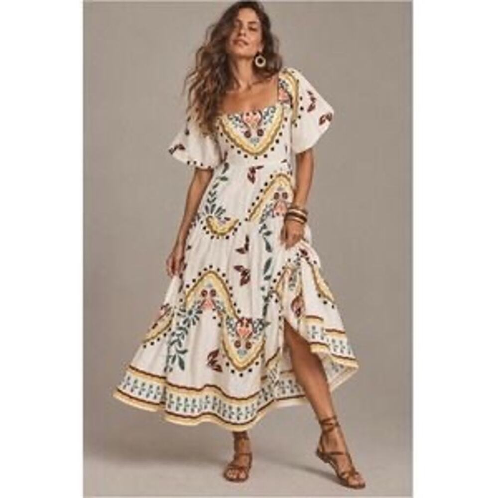 Meadow Rhodes XL Cotton Boho Tiered Maxi Dress Puff Sleeve Folk Floral Resort